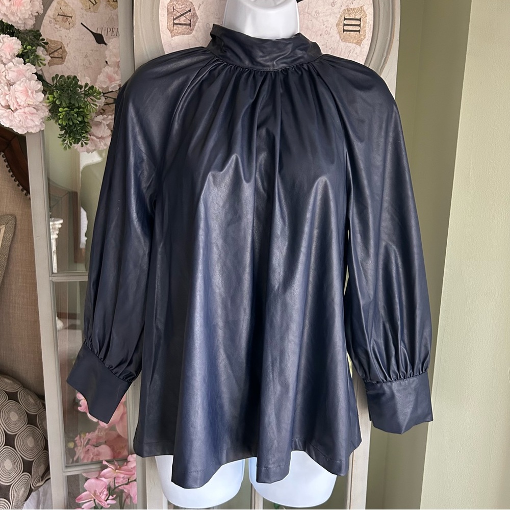 RACHEL COMEY Faux Leather Vegan Tunic Blouse Shirt Navy Blue Mock Neck Size S